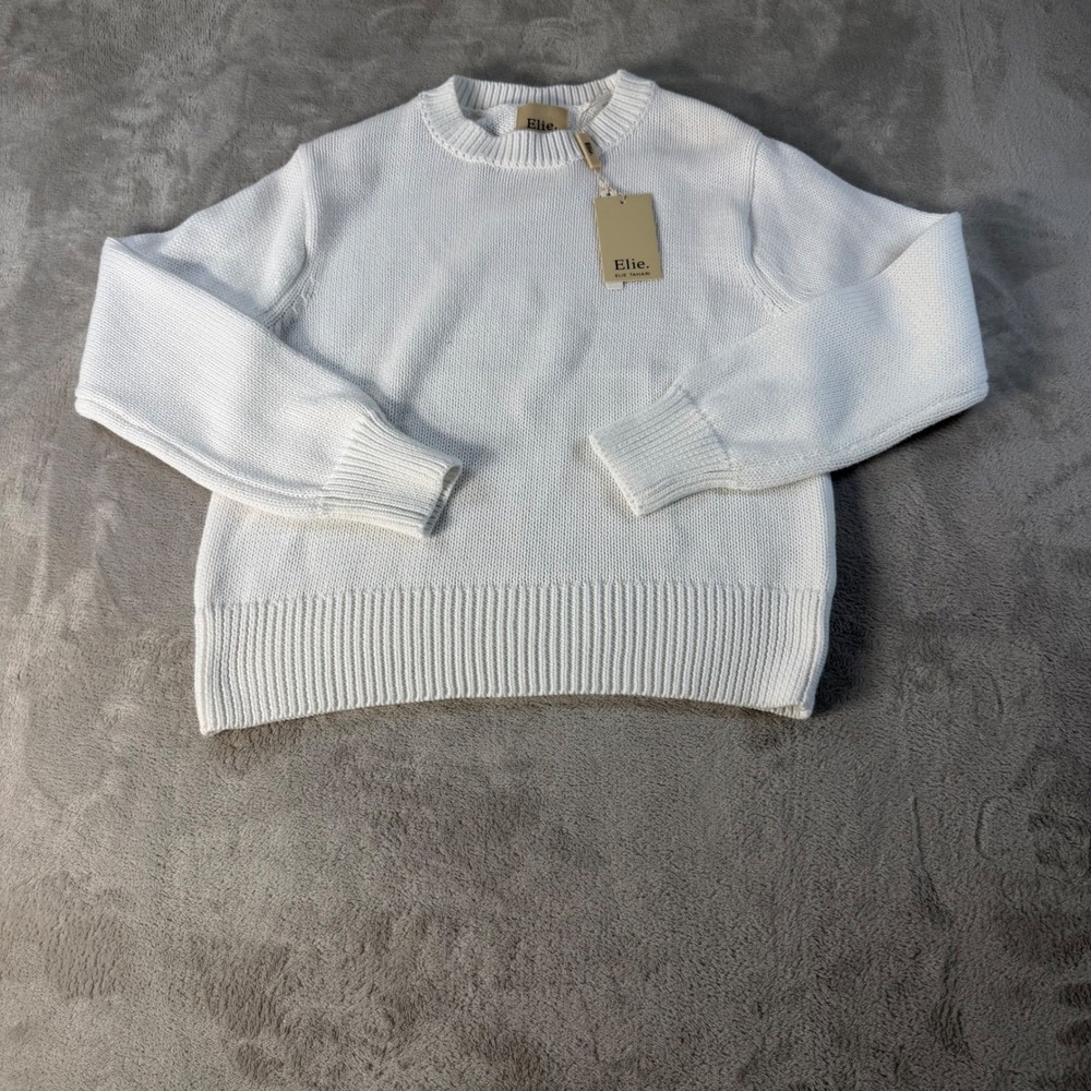 Elie Tahari Shaker Knit Sweater Womens M White 100% Cotton Crewneck EH622013